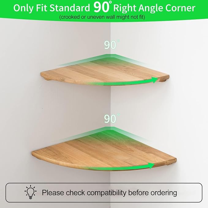 Corner Shelf,16inch Natural Oak Solid Wood Floating Corner Shelves Wall Mount Round End Floating Speaker Rack with Wire Hole for Small Plant for Bedroom Kitchen, Living Room