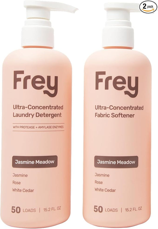 FREY Concentrated Liquid Laundry Detergent | Formulated for Sensitive Skin & HE Washers | Removes Stains Effectively | 50 Loads per Bottle (2-pack Jasmine Meadow)