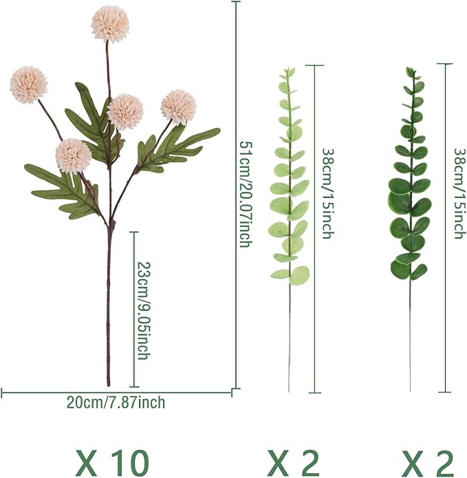 Faux Pink Kiku Flower, 10 Stems with 5 Heads Each & 4 Branches Eucalyptus Stems, Artificial Small Mini Chrysanthemum Flowers for Aesthetic Room Decor, Floral Arrangements Centerpiece