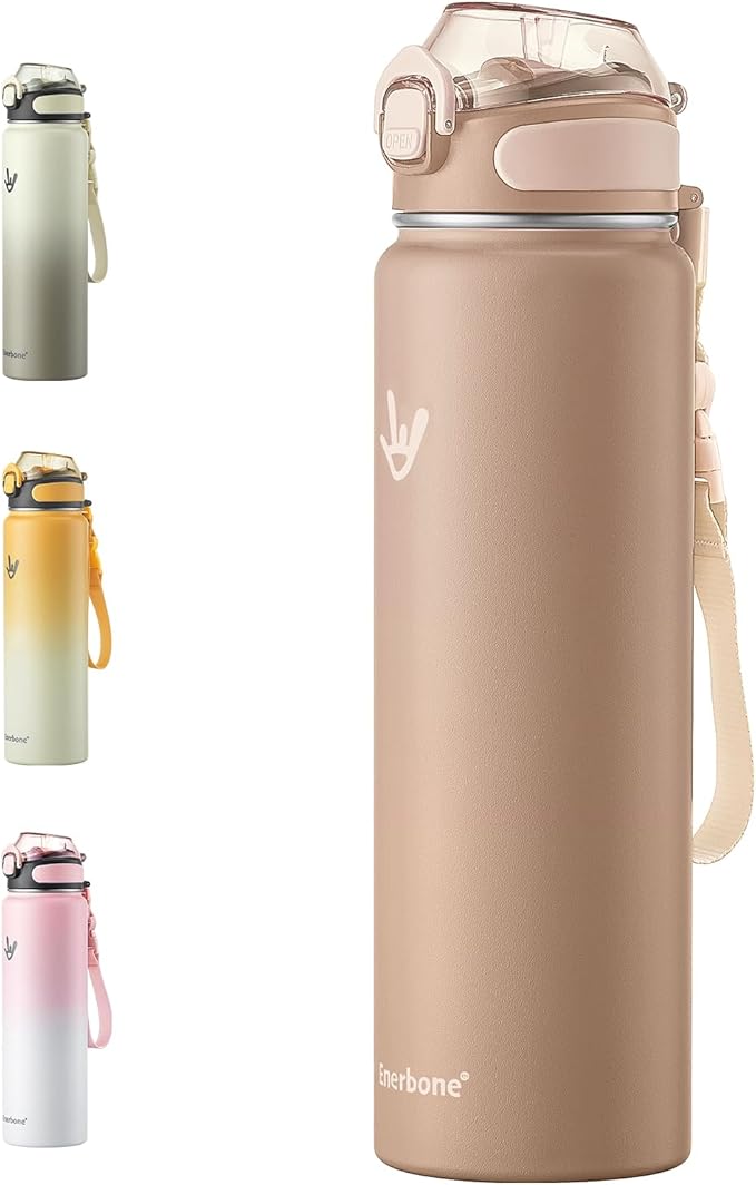 Enerbone 32 oz Insulated Water Bottle, Stainless Steel Bottle with Carrying Strap, Double-Wall Vacuum Insulation Design, Leakproof Sports Bottle with Straw, Keep Drinks Cold or Hot for Hours