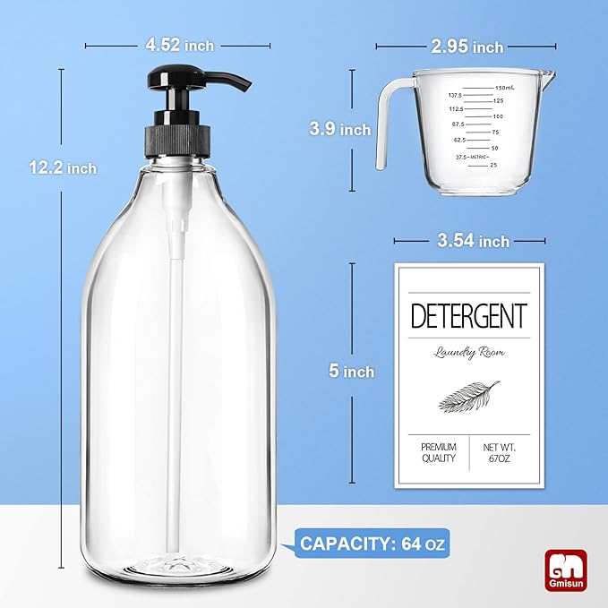 GMISUN Laundry Detergent Dispenser, 2 Pack Liquid Laundry Soap Dispenser, 64oz Storage Container for Farmhouse Laundry Room Decor, Liquid Bottle Organizer for Detergent/Softener/Bleach