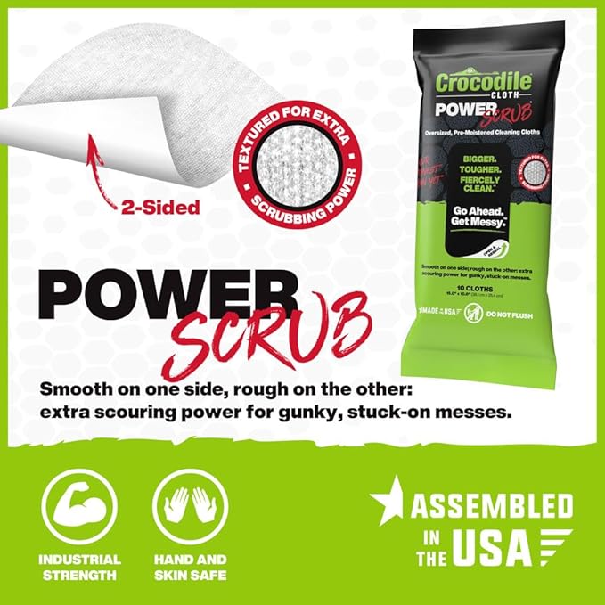 Crocodile Cloth PowerSCRUB Cleaning Wipes – 10 (15" x 10") Dual-Surface Cloths, Heavy-Duty, Moist, Absorbent, & Disposable - Safe on Skin & Multiple Surfaces