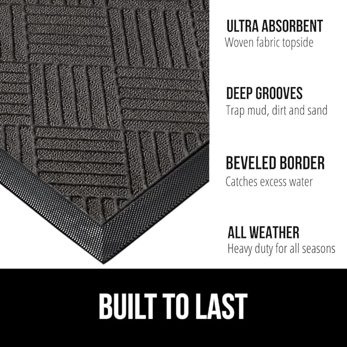 GORILLA GRIP 100% Waterproof All-Season WeatherMax Doormat, 34x58, US Designed Natural Rubber, Stain and Fade Resistant, Low Profile Indoor Outdoor Door Mats, Easy Clean Patio Mat, Gray Diamond