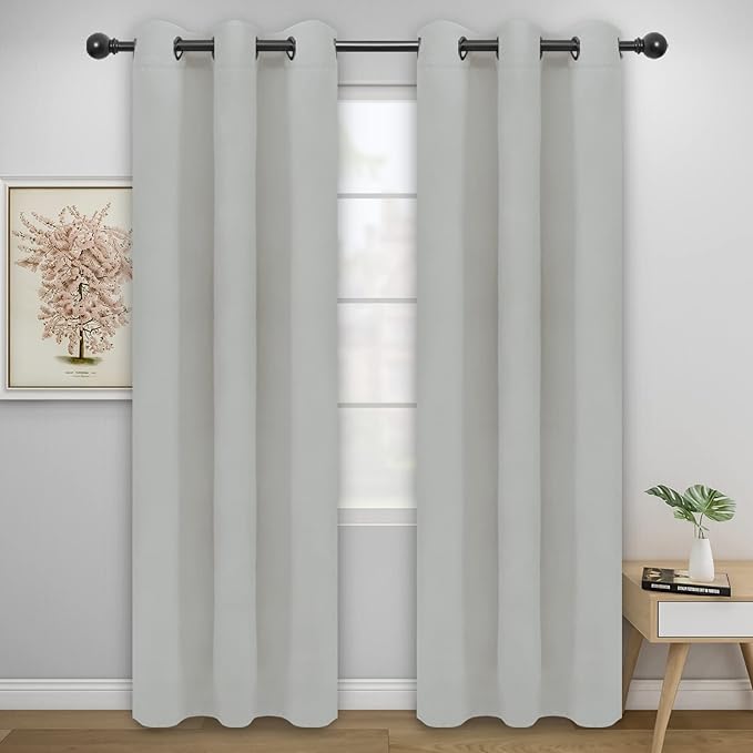 Easy-Going Blackout Curtains for Bedroom, Solid Thermal Insulated Grommet and Noise Reduction Window Drapes, Room Darkening Curtains for Living Room, 2 Panels (42x95 in, Greyish White)