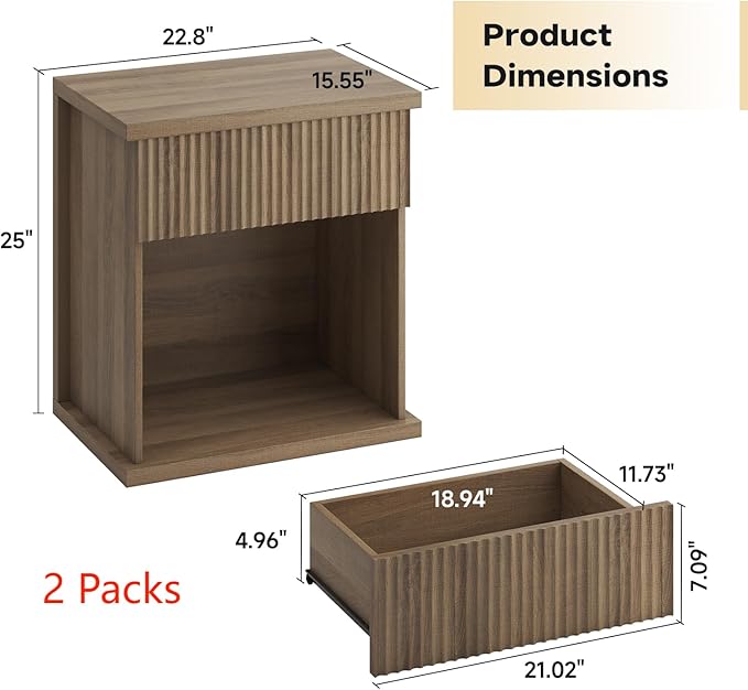 Fluted Nightstand Set of 2, 22.8" Wide Nightstands with Drawer Storage Large Wood BedsideTable Night Stands for Bedroom, Natural Oak