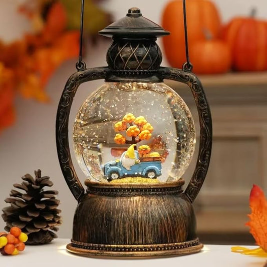 Fall Snow Globes, Blue Truck Pumpkin and Gnome Scene Snow Globes, Glittering Lantern with Timer, Snow Globe Lantern USB or Battery Powered for Fall Festival Thanksgiving Day Decor
