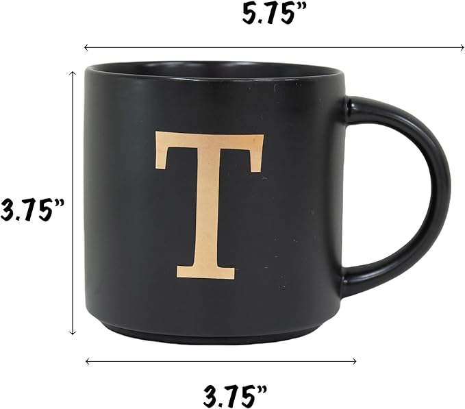 COLLECTIVE HOME - Monogram Ceramic Mugs, 15 oz Golden Initial Black Coffee Cups, Elegant Alphabet Tea Mugs, Elegant Personalized Mug with Gift Box, Unique Mug with Double Side Capital Lette (T)