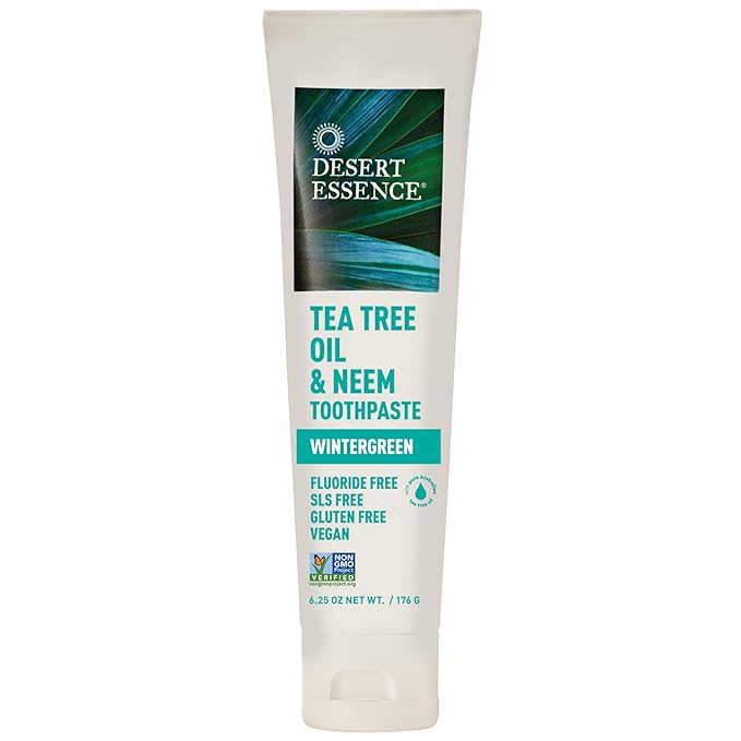 Desert Essence Tea Tree Oil & Neem Toothpaste - Fluoride-Free, Gluten-Free, SLS Free Formula - Vegan, Herbal Toothpaste for Plaque Reduction - Wintergreen Flavor, 6.25 oz