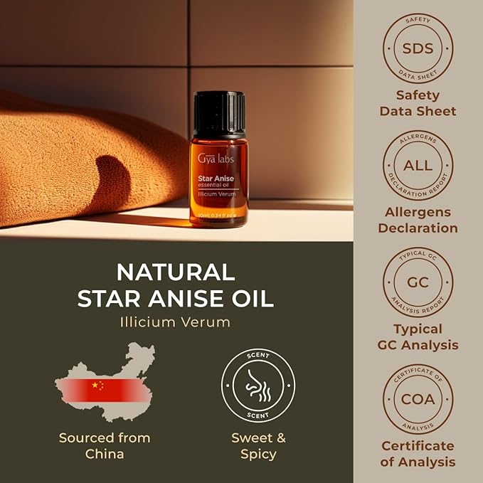 Gya Labs Star Anise Essential Oil for Skin - 0.34 Fl Oz - 100% Pure Natural Star Anise Oil for Diffuser, Hair, DIY & Aromatherapy & Candle Making Scent