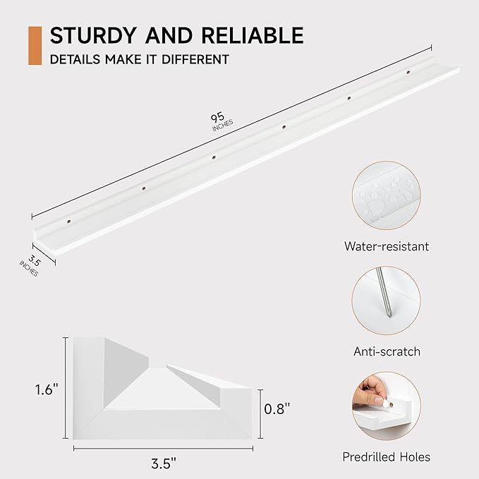 Floating Picture Ledge Shelves for Wall Set of 2, 95 Inches Picture Ledge Shelf with Long Large Nursery Book Shelf for Toys Storage Kids Bookshelf Wall Mounted Living Room Bedroom Decor Frames, White