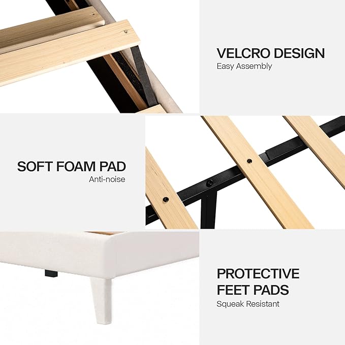 Full Size Bed Frame with Wingback Headboard, Upholstered Platform Bed Frame with Diamond Tufted Headboard & Lights, Wood Slat, Easy Assembly, Noise-Free, No Box Spring Needed, Beige
