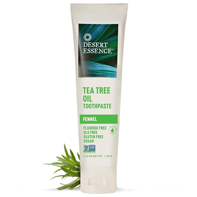 Desert Essence Tea Tree Oil & Fennel Toothpaste, 6.25 oz - Fluoride Free, Gluten Free, Vegan, Non-GMO - Oral Care with Baking Soda & Sea Salt for Healthy Teeth & Gums, Fresh Breath