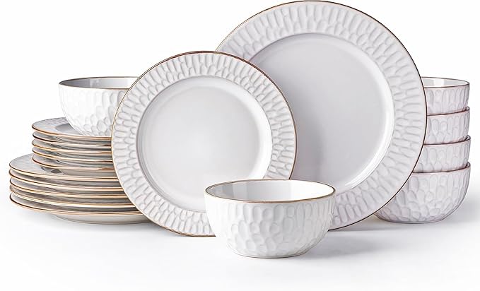GBHOME Ceramic Dinnerware Sets,18 pcs Embossed Elegant Stoneware Plates and Bowls Sets, Housewarming Wedding Gift | Dishwasher & Microwave Safe | Dishes Set Service for 6