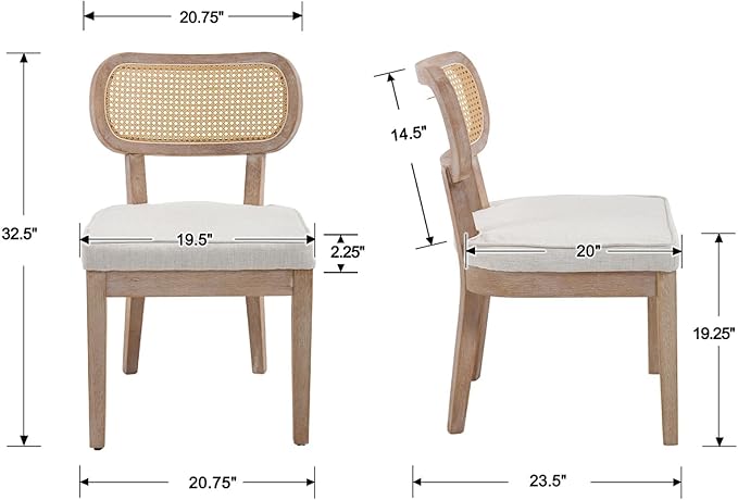 Farmhouse Rattan Dining Chairs Set of 4 Solid Wood Kitchen Chair with Cane Back French Country Upholstered Accent Chair Rustic Armless Side Chairs for Dining/Living Room/Restaurant, Beige