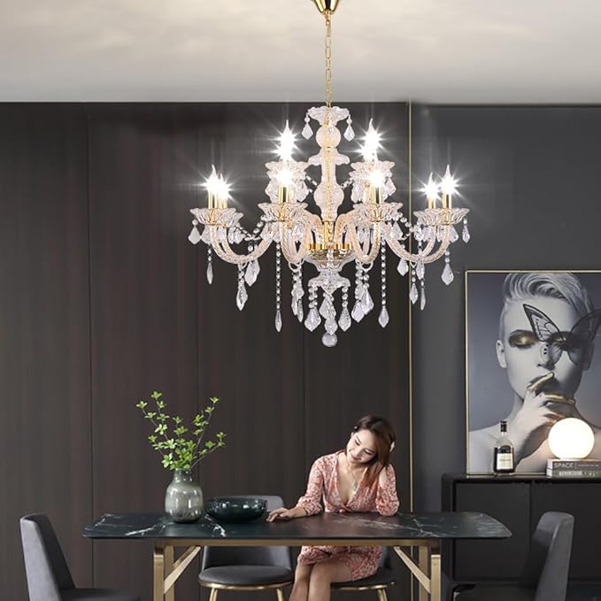 Contemporary Crystal Chandelier 12 Lights Clear Crystal Ceiling Lights for Living Room，E12 Base Double Layered Pendant Light Fixture for Dining Room Staircase, Hallway