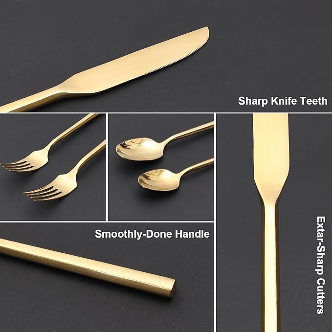 Gold 20 Piece Stainless Steel Silverware Set, Handle Flatware, Modern Mirror Finish Cutlery Set, Service for 4, Dishwasher Safe