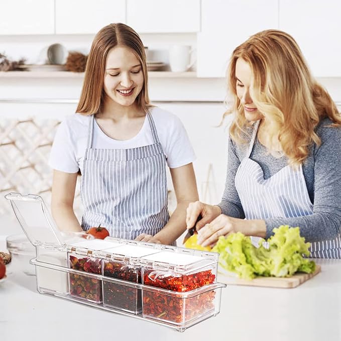 Clear Seasoning Box 4 PCS/Set, Acrylic Seasoning Rack Seasoning Storage Container Condiment Jar Spice Box Spice Jar Spice Pot Spice Rack with Spoon & Lid & Tray for Salt Pepper Sugar (#A)