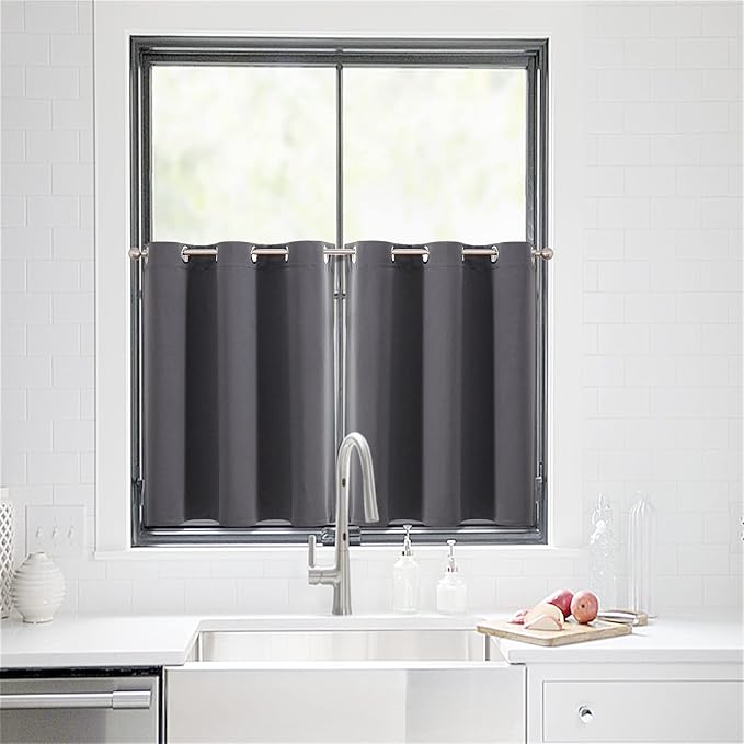 ChrisDowa Small Window Curtains for Kitchen and Bedroom - Grommet Short Thermal Insulated Room Darkening Curtains (2 Panels, Dark Grey, 42 x 36 Inch)