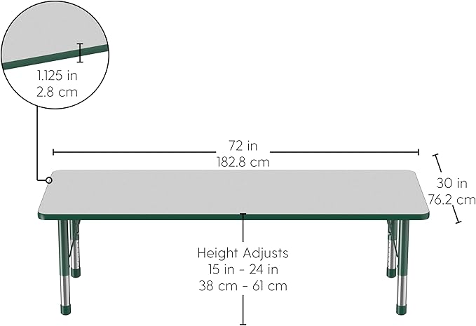 FDP Rectangle Activity School and Classroom Kids Table (30 x 72 inch), Chunky Toddler Leg, Adjustable Height 15-24 inches - Gray Top and Green Edge
