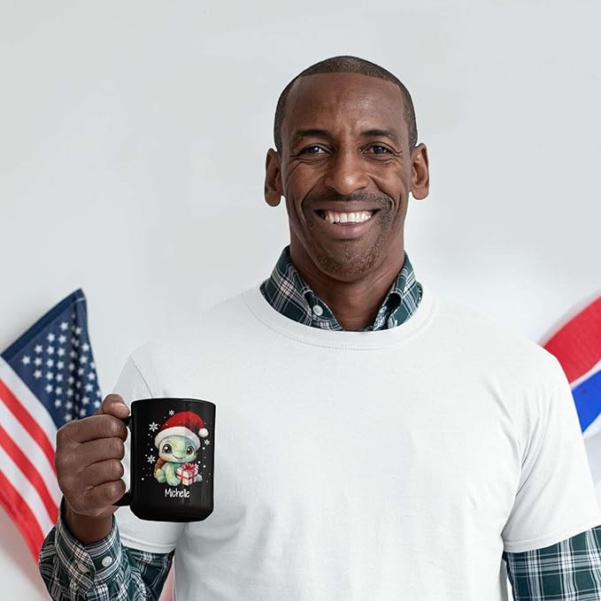 Coffee Mug With Xmas Turtle Design, Personalized Turtle Wearing Santa Hat Cup, Cute Baby Animal Black Mug 11oz 15oz, Custom Christmas Ceramic Cup, Customized Christmas Animal Mug Gift