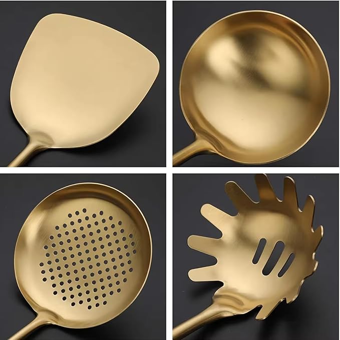 Generic Stainless Steel Kitchen Utensil Set, Spoon, Spatula, Pasta Server, Small Spatula (Black & Gold)