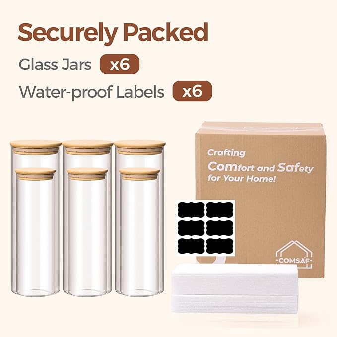 ComSaf Glass Food Storage Jars Set of 6, Tall Glass Storage Containers with Lids, Spaghetti Jar, Canisters Set for the kitchen, Pasta, Flour, Nuts, Oat, Coffee and Sugar Container, Pantry Organization