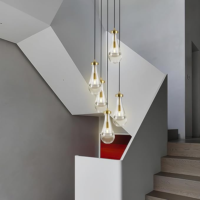 Gold 5 Light Cluster Pendant Lighting, Raindrop Chandeliers Brass Dining Room Lights Fixture, Teardrop Pendant Lights Kitchen Island, Hanging Lamp Ceiling for Entryway Foyer Staircase