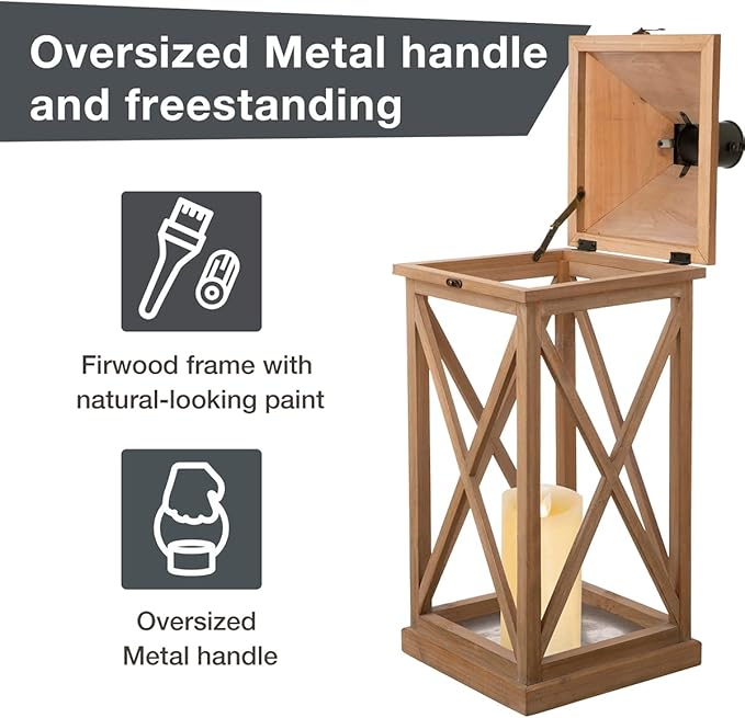 Glitzhome Mondern Farmhouse Wood Metal Lanterns Decorative Hanging Candle Lanterns Set of 2, Natural (No Glass)