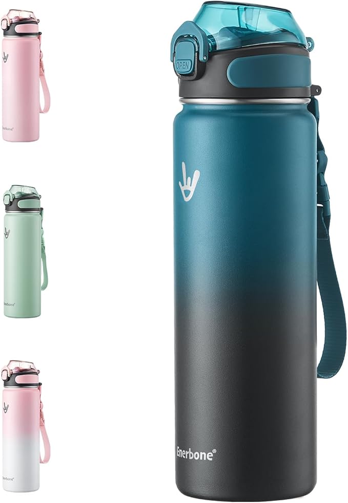Enerbone 24 oz Insulated Water Bottle, Stainless Steel Bottle with Carrying Strap, Double-Wall Vacuum Insulation Design, Leakproof Sports Bottle with Straw, Keep Drinks Cold or Hot for Hours