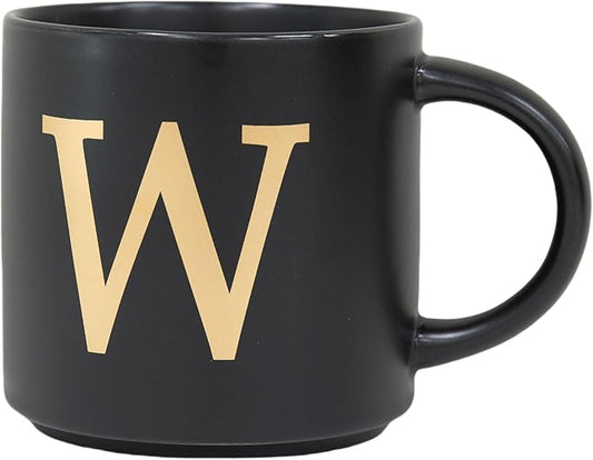 COLLECTIVE HOME - Monogram Ceramic Mugs, 15 oz Golden Initial Black Coffee Cups, Elegant Alphabet Tea Mugs, Elegant Personalized Mug with Gift Box, Unique Mug with Double Side Capital Lette (W)