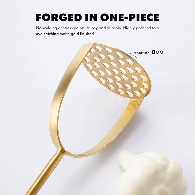 Gold Kitchen Utensils Set, 12 PCS Brass Matte Serving Utensils, 18/10 Stainless Steel All Metal Cooking Tools - Potato Masher, Tongs, Meat Fork, Spatula, Turner, Ladle, Skimmer, Spaghetti Spoon Set