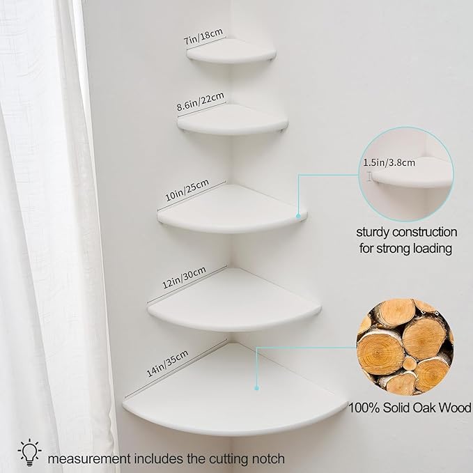 Corner Shelf, White Solid Oak Wood Floating Corner Shelves Wall Mount Round End Floating Speaker Rack Display Shelf for Small Plant Photo Frame (White, 12in)