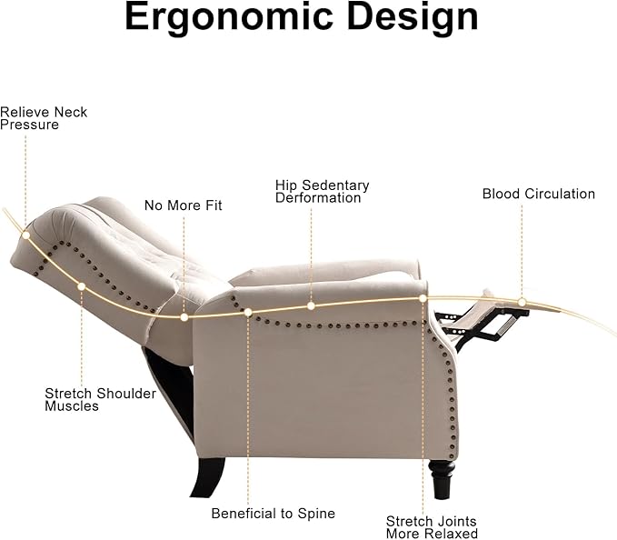 EBELLO Pushback Recliner Chair, Fabric Armchair Push Back Recliner with Rivet Decoration, Mid Century Wingback Accent Chair for Living Room, Bedroom, Beige