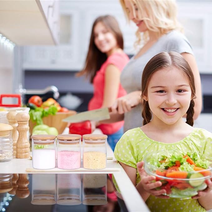 Glass Jars Set,Upgrade Spice Jars with Wood Airtight Lids and Labels, 6oz 12 Piece Small Food Storage Containers for Home Kitchen, Tea, Herbs, Sugar, Salt, Coffee, Flour, Herbs, Grains…