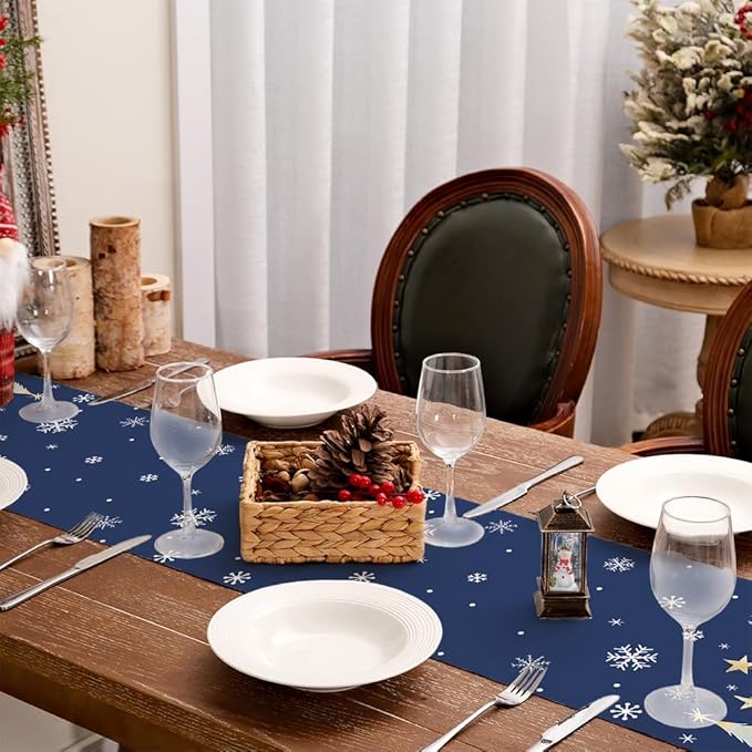 GEEORY Christmas Table Runner 13x60 Inch, Xmas Trees Snowflakes Holiday Decorative Farmhouse Table Decoration for Kitchen Dinning, Indoor Outdoor Dinner Party Decor (Blue) GT151-60