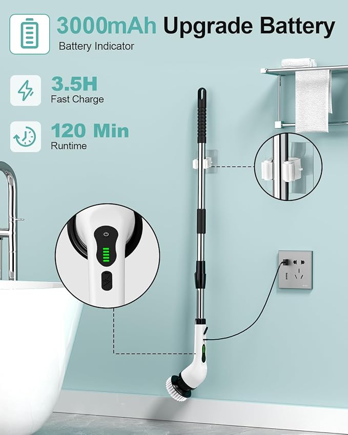 Electric Spin Scrubber, Cordless Shower Scrubber Rotary Floor Brushes & Pad Drivers with 9 Brush Heads - 2H Dual Speed, IPX7 Waterproof Extension Handle for Bathroom Tile Car Cleaning, Whtie-Q