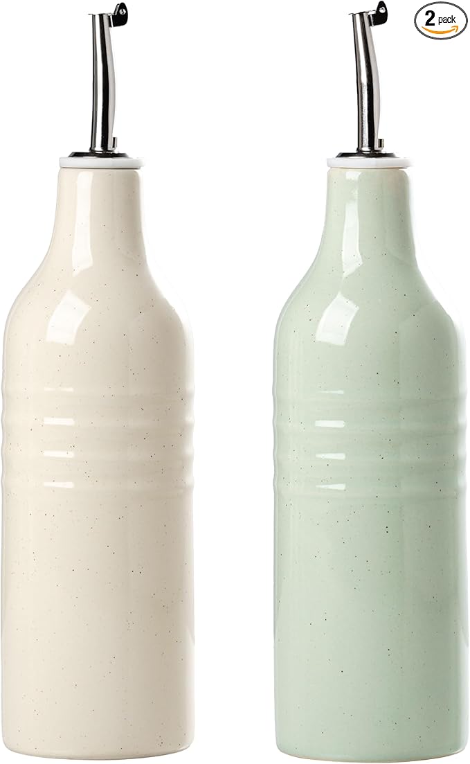 famiware Jupiter 16oz Ceramic Olive Oil Dispenser Bottle, Olive Oil and Vinegar Dispenser Bottle Set of 2 with Stainless Steel Pourers, Suitable for Storage Vinegar, Vanilla White & Light Green