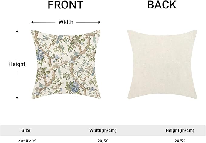CXMEIFLY Chinoiserie Spring Pillow Covers 20 x 20 Inch Set of 2 for Blue Sage Green Vintage Flowers Bird Decor Throw Pillows Plant Farmhouse Outdoor Decorative Cushion Cases for Couch Bed Decorations