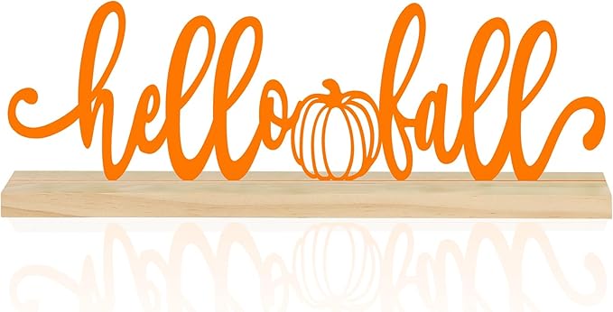 COCHIE Metal Hello Fall Sign, Orange Fall Decorations for Home, Office, Shelf, Mantel, Indoor, Autumn Decoration, Pumpkin Decor (Autumn B)