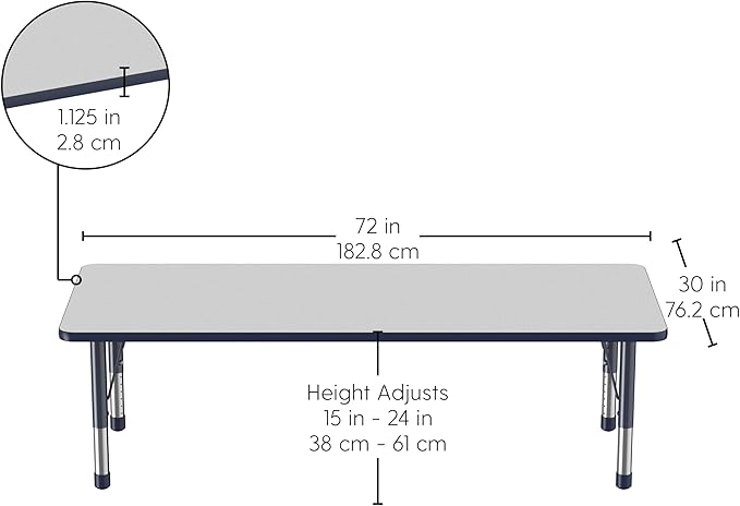FDP Rectangle Activity School and Classroom Kids Table (30 x 72 inch), Chunky Toddler Leg, Adjustable Height 15-24 inches - Gray Top and Navy Edge