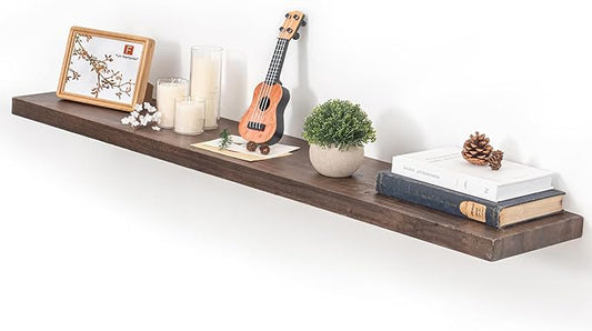 Fun Memories Floating Shelves for Wall, 48"x9.3" Rustic Solid Elm Wood Wall Shelves, Heavy-Duty Mounted Shelves with Invisible Brackets, Set of 2 for Living Room, Bedroom, Kitchen, Walnut Finish