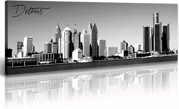 DJSYLIFE Detroit Skyline Wall Art Black and White Canvas Prints USA Skyscraper Panoramic Cityscape Picture for Bedroom Office Home Decoration Ready to Hang 13.8" x 47.3"