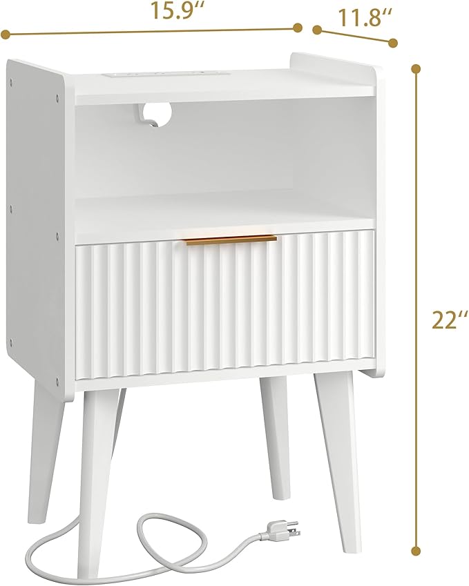 Fluted Nightstand with Charging Station, Modern Bedside Table with Drawer,White Nightstand with Solid Wood Legs, End Table,Side Table for Living Room,Bedroom White CTG57WE
