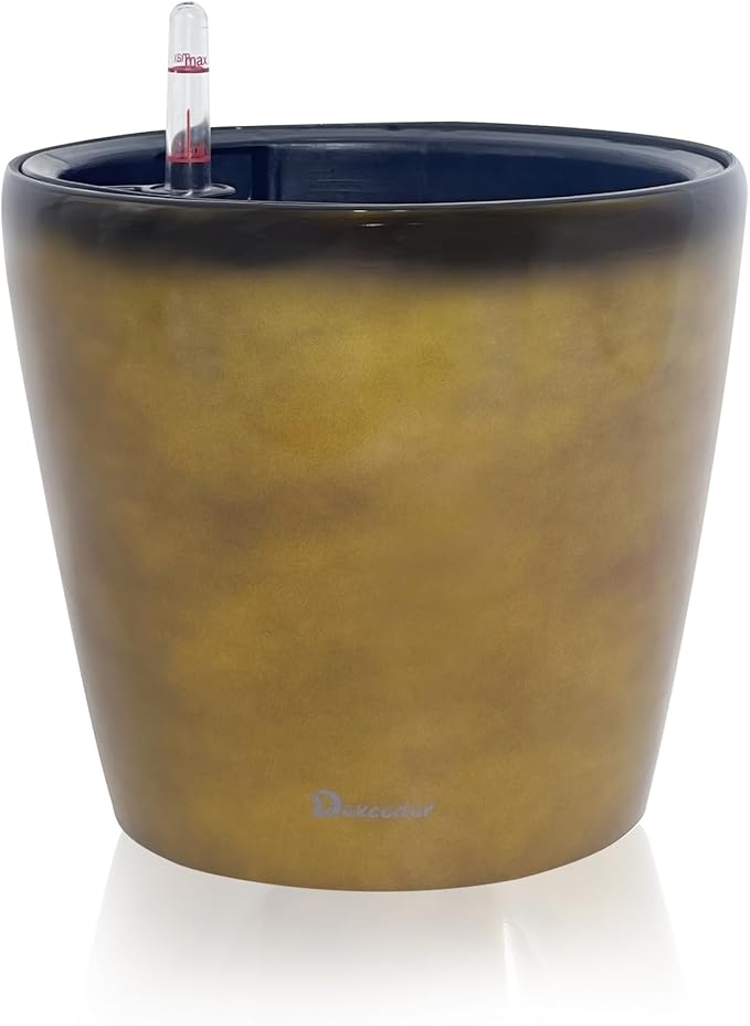 Dexceder 9x8 Inches Self Watering Planter Indoor Outdoor, Inner Pot Design, Thickened Table Flower Plant Pot with Water Level Indicator (Yellow Brown Gradient)