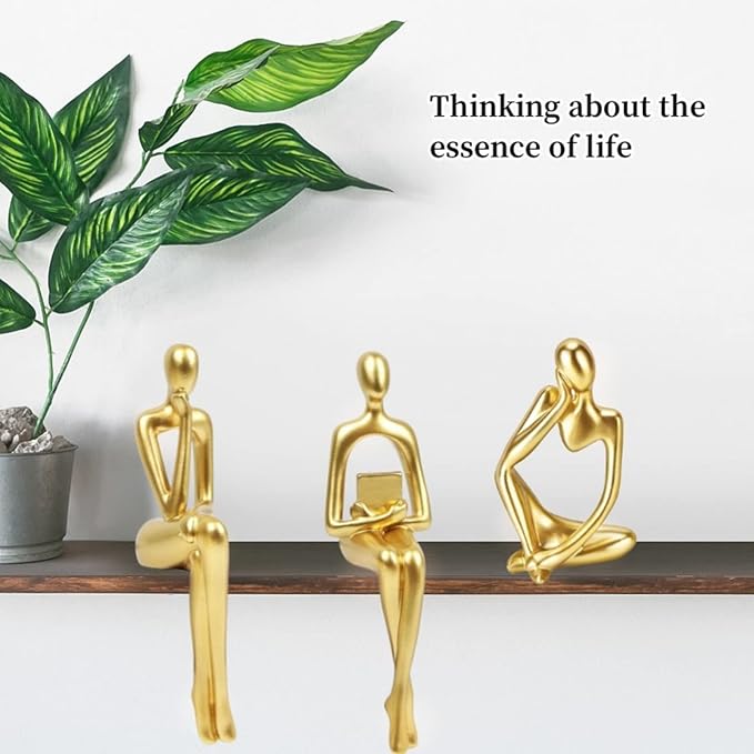 Gold Home Decor Thinker Statue Accents, Set of 3 Thinker Sculptures Office Decor Modern Abstract Resin Decoration on Shelf Table Desk for Living Room Office Bedroom (Large Gold)