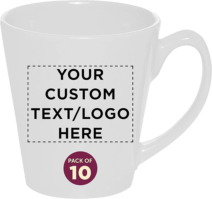 DISCOUNT PROMOS Custom Glossy Ceramic Latte Coffee Mug 12 oz. Set of 10, Personalized Bulk Pack - Perfect for Tea, Espresso, Cappuccino, Hot Cocoa - White
