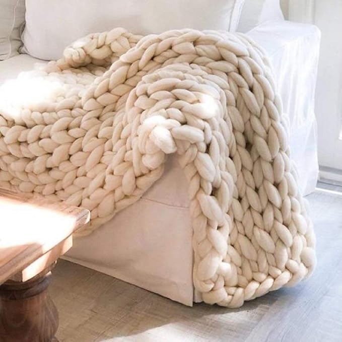 Chunky Knit Blanket Hand Made Merino Wool Throw Boho Bedroom Sofa Home Decor Giant Yarn(Ivory White 80"x80")