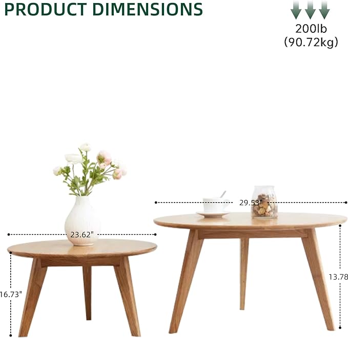 100% Solid Oak Wood Coffee Table Set, Round Coffee Table Combo Side Table w/Solid Wood Legs, Mid Century Table Sturdy Tables for Bedroom Balcony Living Room (Natural, Big-Medium Combo)