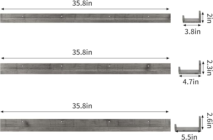 Giftgarden 36 Inch Grey Floating Shelves for Wall Mount, Gray Wood Wall Shelf Ledge for Bathroom Bedroom Living Room Kitchen Storage, Set of 3 Different Sizes