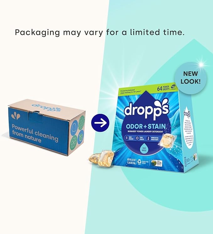Dropps Odor & Stain Biobased Power Laundry Detergent Pods, Crisp Breeze (140 Pods) - HE Compatible Laundry Pods for Fresh Clothes - Laundry Soap Supplies & Recyclable Paperboard Packaging